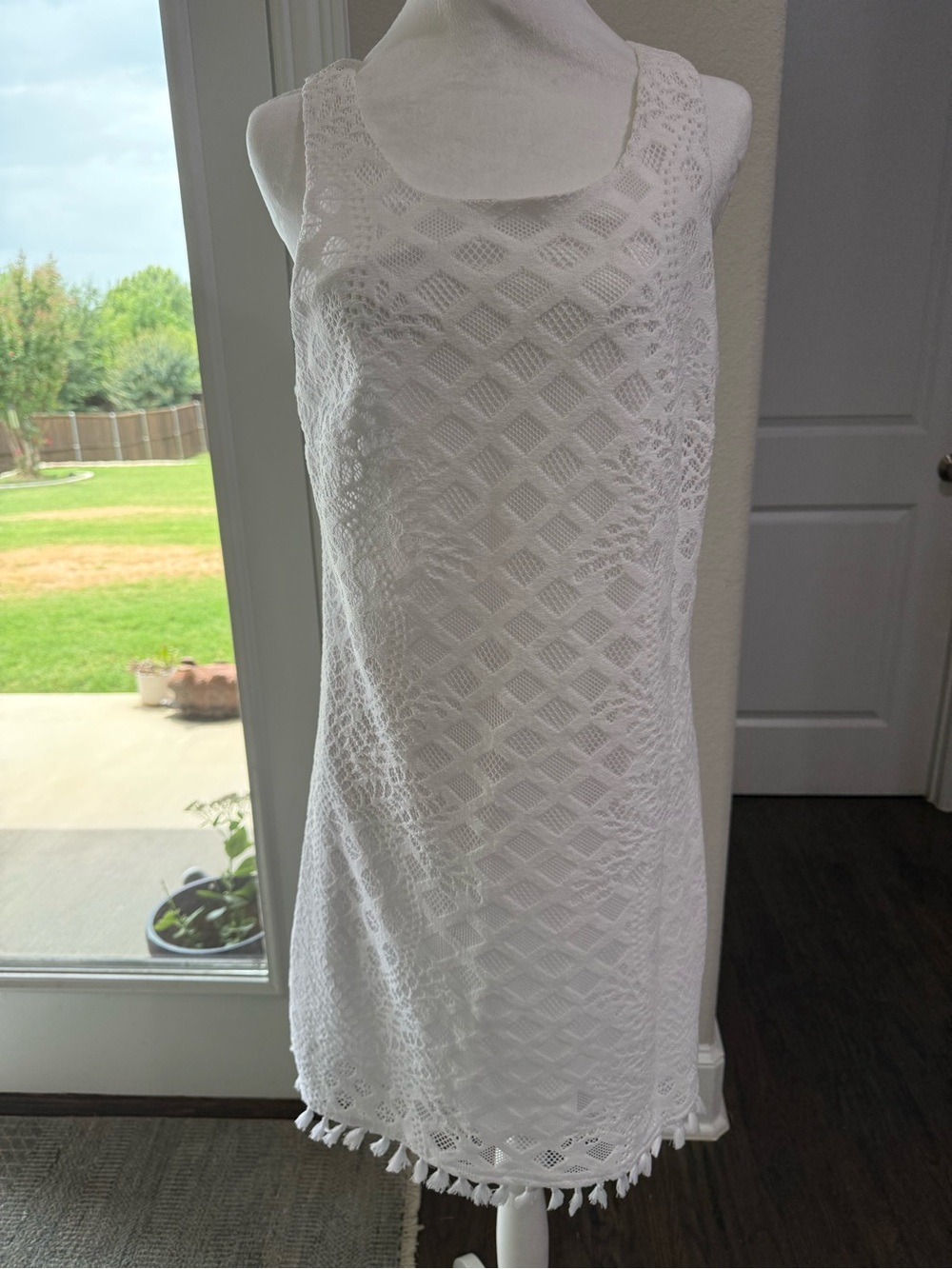 Lilly Pulitzer White Crochet Lace  Midi Dress with Tassel Hem L